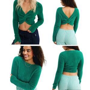 Aerie Green Fluffy 4-Ever Knit Reversible Twist Soft Cozy Casual Sweater XL NWT
